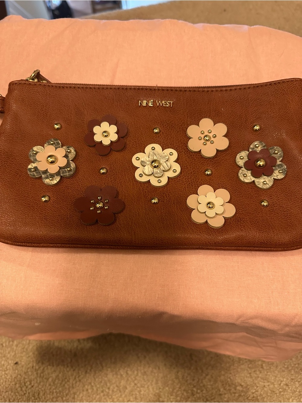Nine West Brown Floral Appliqué Wristlet Clutch with Gold Accents